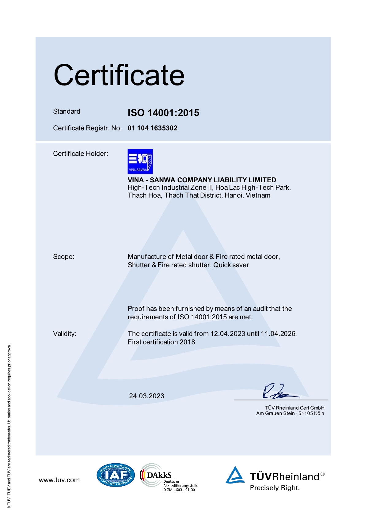 CERTIFICATE OF QUALITY ASSURANCE AND ENVIRONMENTAL PROTECTION.